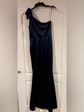 Baltic Born Navy One-Shoulder Satin Evening Gown